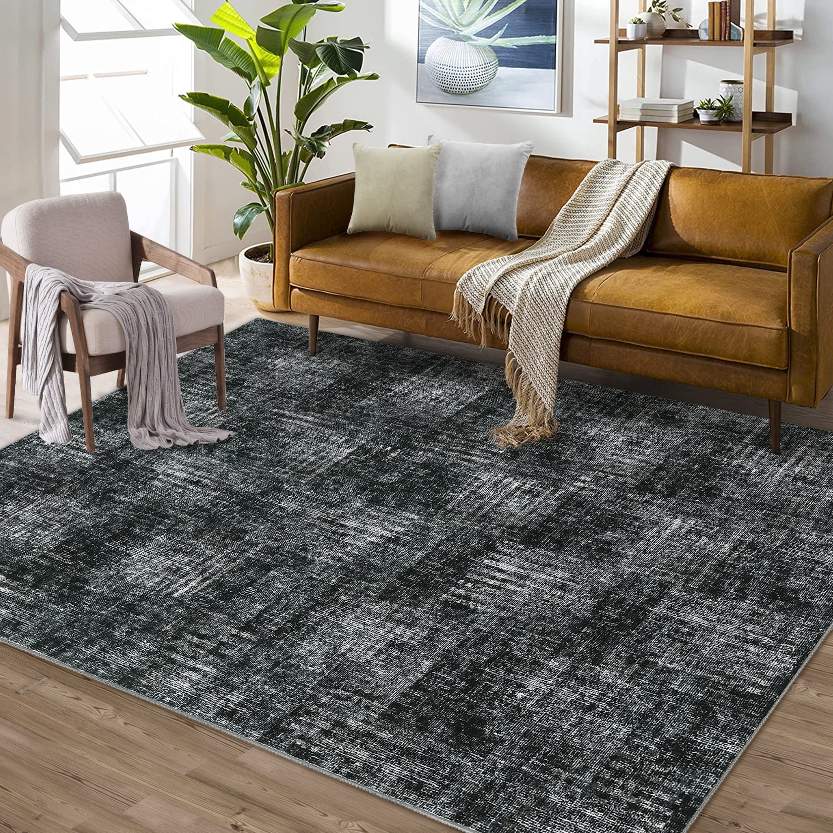 Garvee 8x10 Area Rug Modern Plaid Checkered Rug, Washable Rugs Soft Neutral Indoor Carpet Solid Rug Non Slip Low Pile Rug for Living Room Bedroom Dining Room Office, Gray