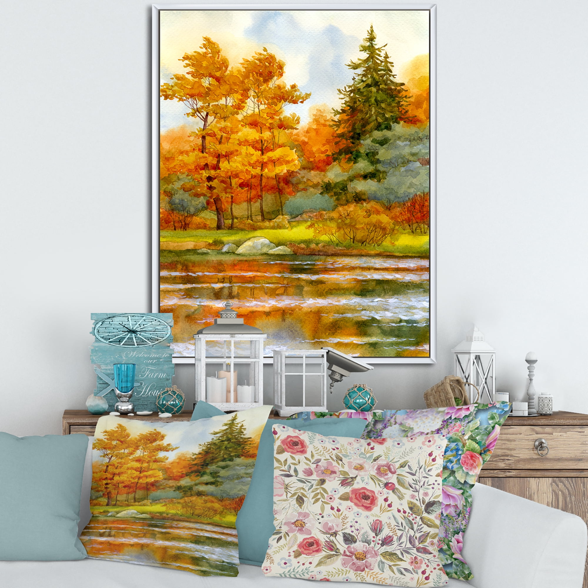 Designart 'Autumn Forest By The Lake Side III' Lake House Framed Canvas Wall Art Print