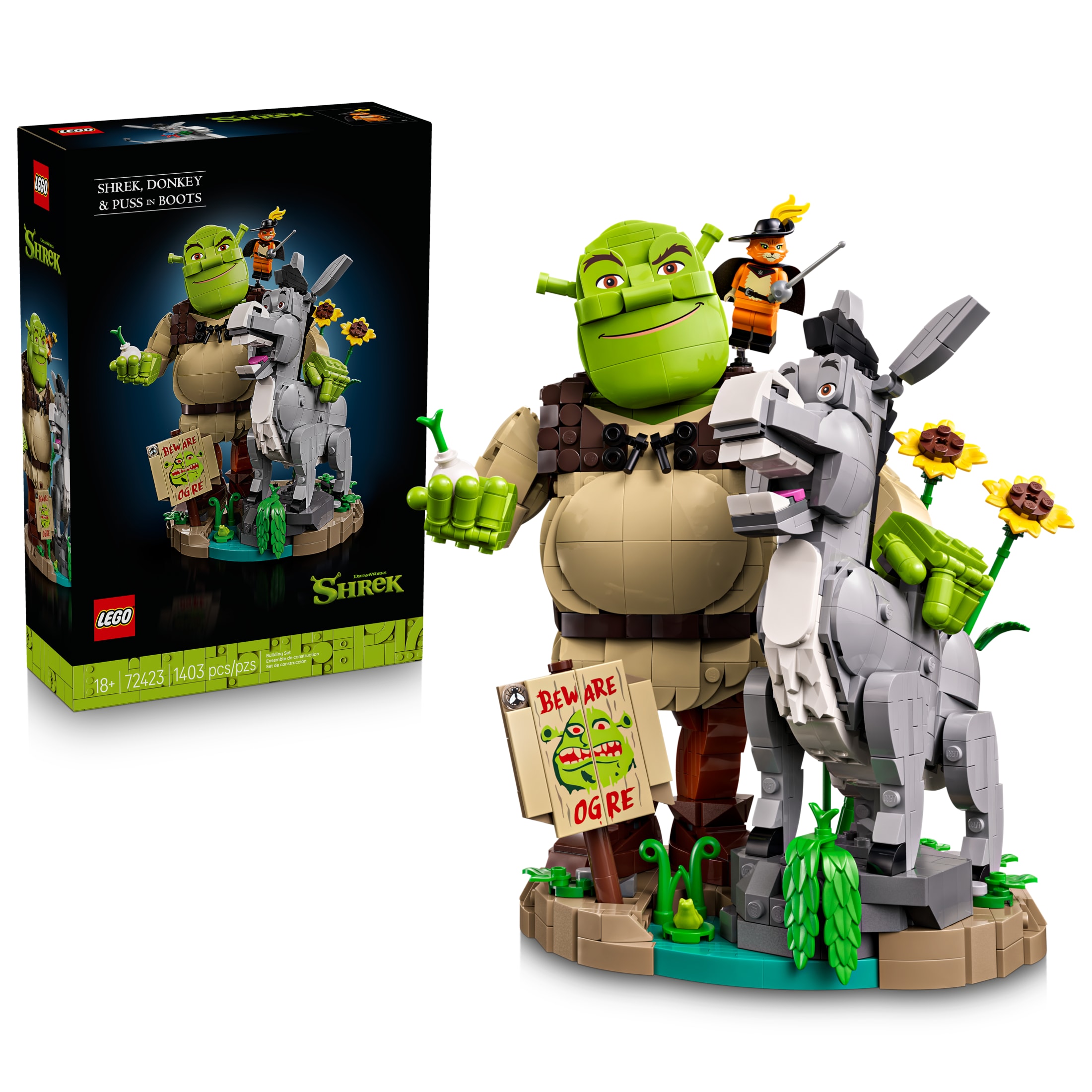 LEGO Shrek: Shrek, Donkey & Puss in Boots - Building Set for Adults, Ages 18+ - Movie Memorabilia for Home Office, Book Shelf Decor - Collectible Gift for Women & Men - 72423