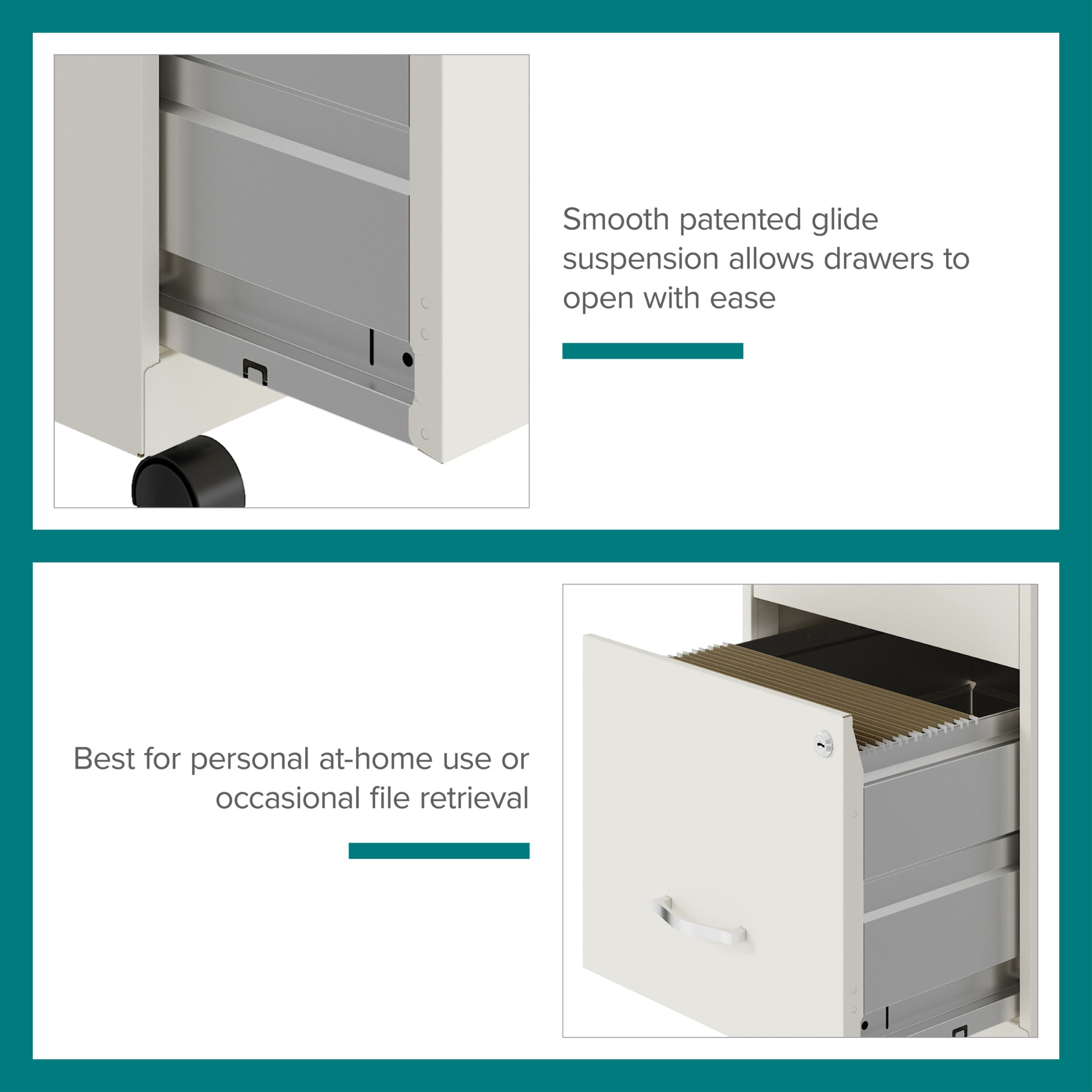Space Solutions 18" Deep 2 Drawer Letter Width Mobile Vertical File Cabinet with Accessory Drawer, White/Teal