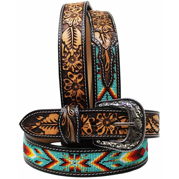 43-44 Unisex 1.5" Western Floral Tooled Beaded Full-Grain Leather Belt 26RT48B