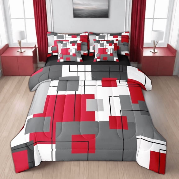 Erosebridal Black Grey Red Comforter Set 7 Piece Twin Geometry Square Bed In A Bag With Sheets Adults Modern Abstract Geometric Stripes Bedding Set Black Line Bed Set White