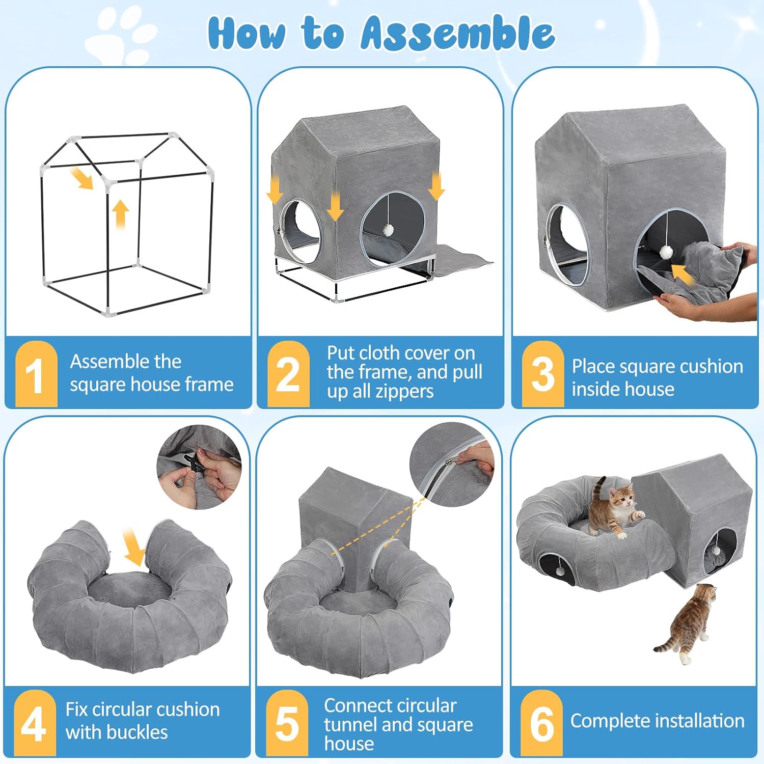 Pawaboo Cat Tunnel Bed, Cat Donut Tube with Square House, Soft Plush Cats Cave Tunnels with Washable Cushions, Foldable Kitten Bed Hideout with Fluffy Balls for Indoor Cats Rabbit Ferret, Dark Gray