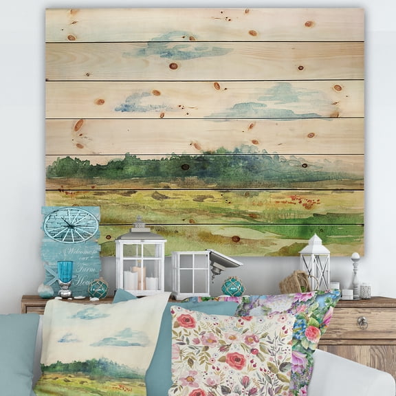Designart 'Summer Landscape Of Green Blossoming ' Traditional Print on Natural Pine Wood