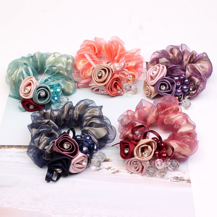 Pink hair bun ring elastics fabric flower floral silky bead scrunchie band 