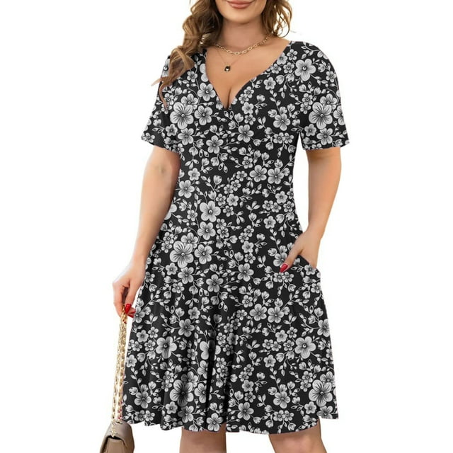 TopLLC Robe d'Été Formelle pour Femme Grande Taille à Manches Courtes, Col en V, Florale, Courte, Robe de Soirée