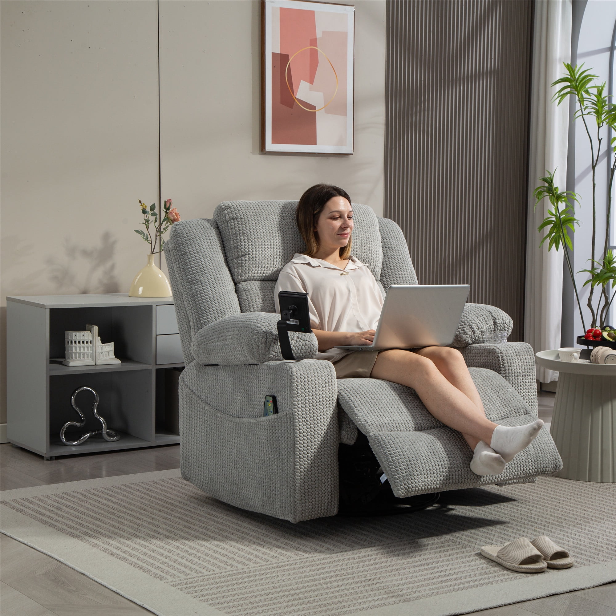 LITVZ Power Oversized Swivel Rocker Recliner with Adjustable Headrest, Dual Motor Glider Nursery Rocking Chair with Vibration Heat, USB A&C Ports, Armrest Storage, Cup Holder for Adults