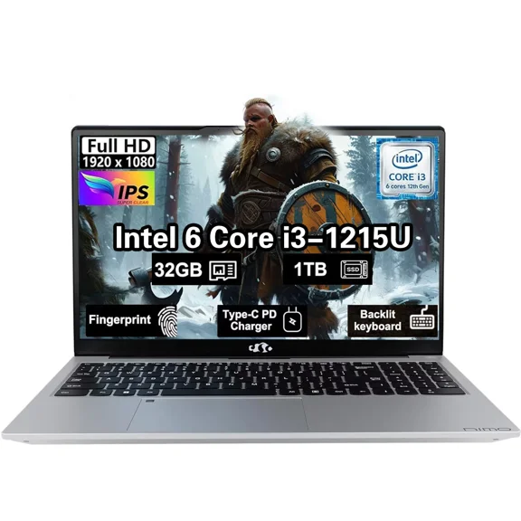 15.6" IPS FHD Business Laptop Computer Windows11 Intel 6 Cores I3-1215U 32GB RAM 1TB SSD Computer with 65W Type C Backlit Keyboard Fingerprint for Home and Student Silver