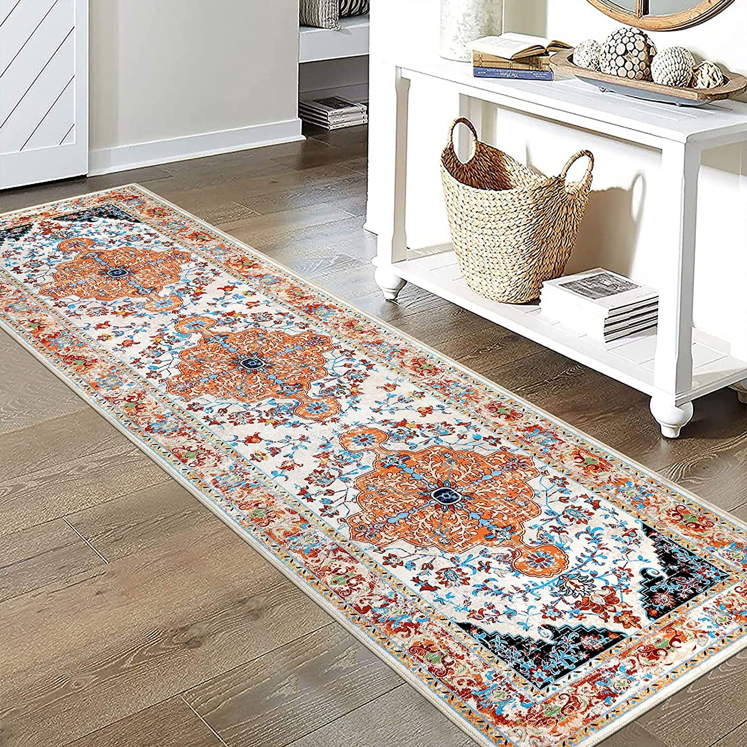 Findosom 2'x8' Vintage Boho Runner Rug Washable Non-slip Area Rug,Hallway Indoor Farmhouse Bedroom Kitchen Living Room Non Shedding Runner, Contemporary Low Plie Floor Carpet Doormat,Orange