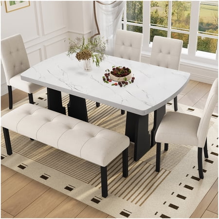 Faux Marble Dining Table Set with Upholstered Seating 6-Piece Kitchen Dining Room Furniture in Beige and White Modern Farmhouse Style
