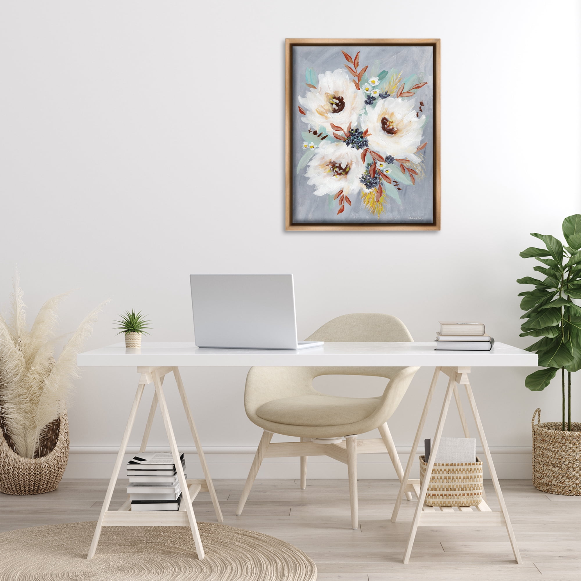 Stupell Industries White Flowers Trio Botanical & Floral Painting Brown Floater Framed Art Print Wall Art, 25 x 31