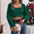 thumbnail image 4 of adaychics Tie Back Long Sleeve Crop Top Square Neck Ruched Lantern Long Sleeve Tie Back Crop Top Blouse for Vacation, 4 of 7