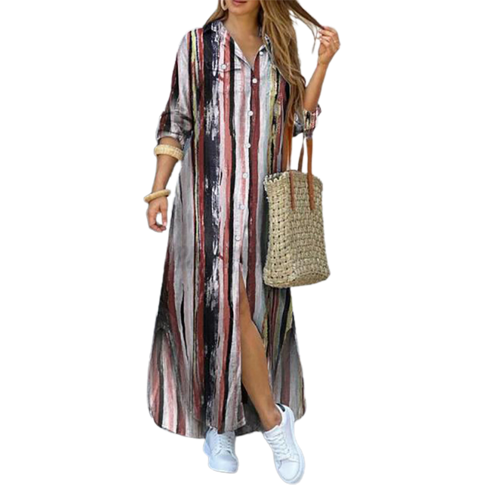 KZKR Maxi Shirt Dress for Women's Rolled Sleeve Button Down Henley Neck Long Dress