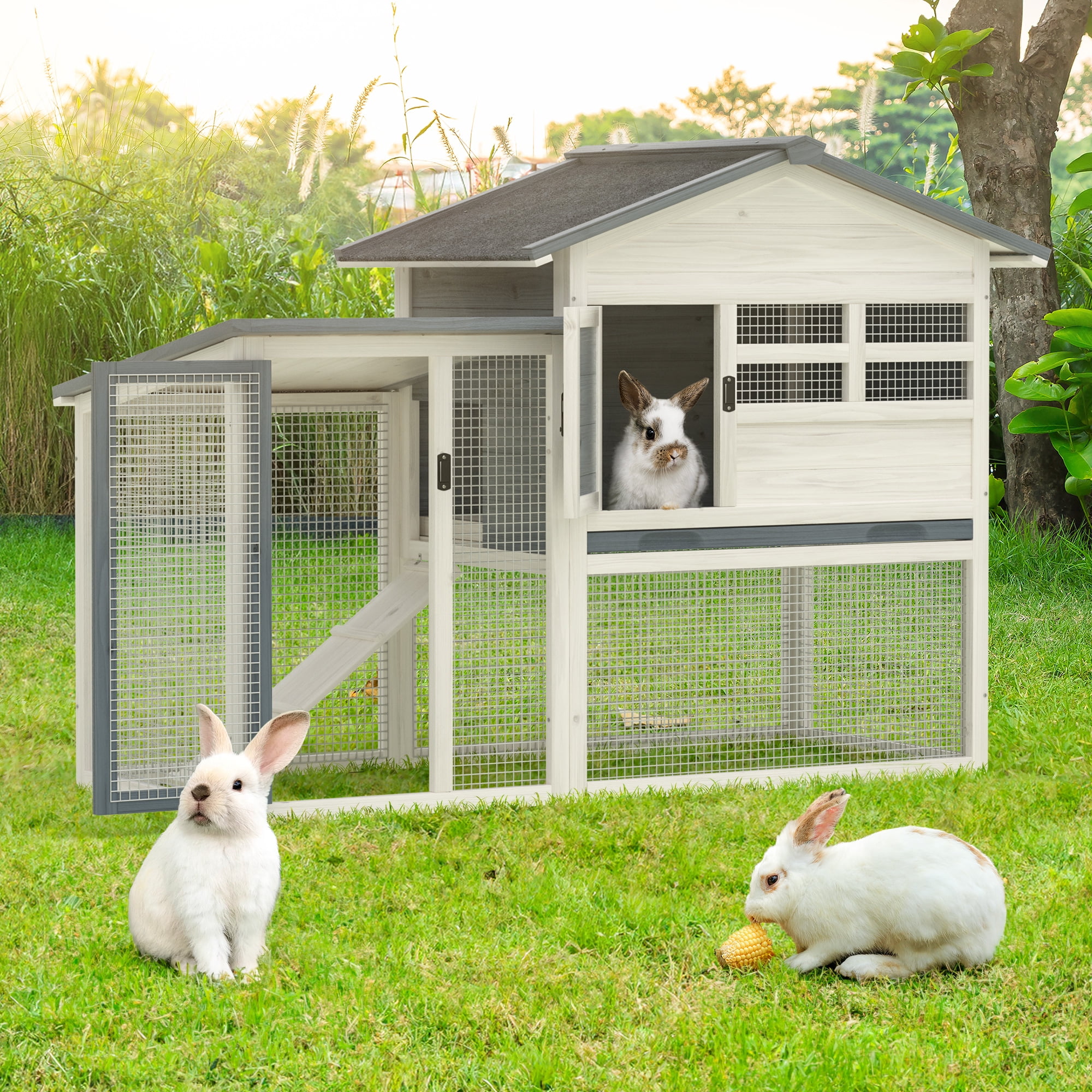 Rabbit Hutch Indoor Bunny Cage Outdoor Chicken Coop Bunny House Wooden Guinea Pig Cages with Waterproof Top, Pull Out Tray & Ramp