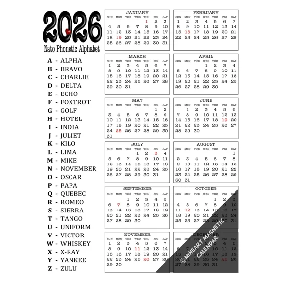 2026 - 12 Month Miheart Magnetic Refrigerator Calendar 8.5"X11" (Nato Phonetic)
