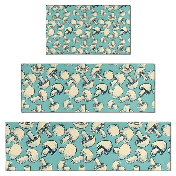 Beige Mushroom Sketch Teal Pattern Kitchen Rugs Sets Of 3,Kitchen Runner Rugs Non Skid Washable,Decorative Kitchen Floor Mats for Kitchen,Sink,Laundry,17"x30" 17"x47" 17"x59"