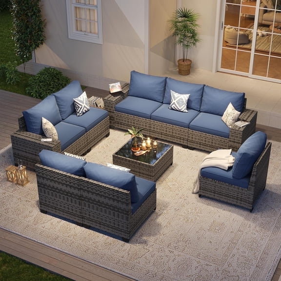 Aoxun Patio Furniture Set, 9 Pcs Outdoor Patio Furniture Sets with 4 in Thicken Cushion, Widen Armrests Wicker Outdoor Sectional for Backyard (Waterproof Cover Include)