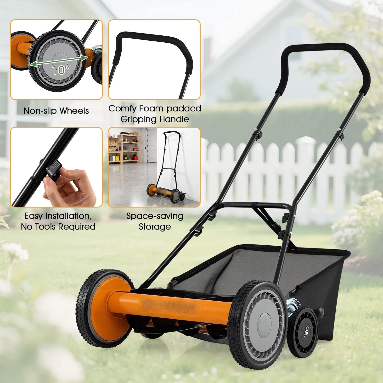 DRAZUNO Push Reel Lawn Mower, 5-Blade Manganese Steel Manual Grass Cutter,Lightweight