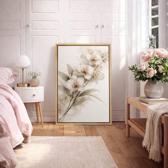 Framed Canvas Print Beige Flower Wall Art Boho Botanical Decorative for Living Room Bedroom - 16"x24" NATURAL