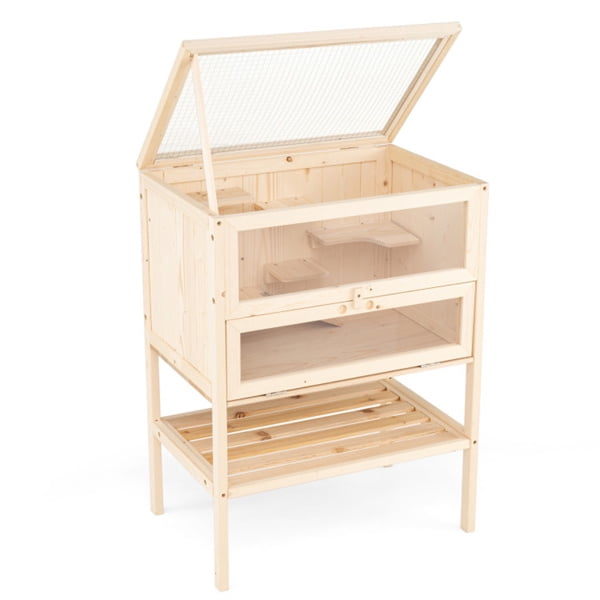 31.5 " Fir Wood Hamster Cage with Flip Mesh Roof, Multi-Level Activity Areas & Bottom Storage Shelf
