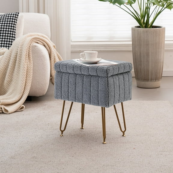 VKNOW Sherpa Ottoman Foot Rest Modern Footstool with Storage Space Stool Chair Metal Legs for Makeup Room Bedroom Gray