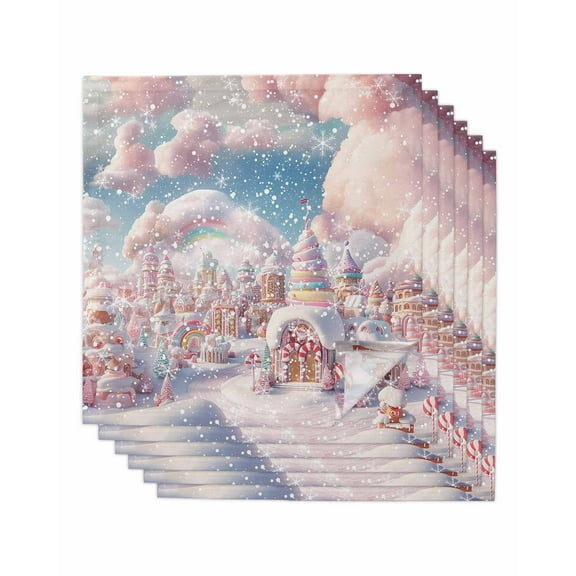 Pink Christmas Cloth Napkins Set of 6, Blue Sky Xmas Tree Snowflake Washable Reusable Dinner Cocktail Napkin for Kitchen Party Wedding Banquet Holiday Baby Shower Table Decor