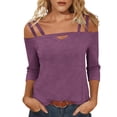 thumbnail image 2 of thefmos Women Plus Size Fall Winter Cold Shoulder 3/4 Sleeve Tops Solid Basic Pullover Tee Shirts Dressy Casual Loose Blouses Trendy Vacation Clothes, Purple S, 2 of 5