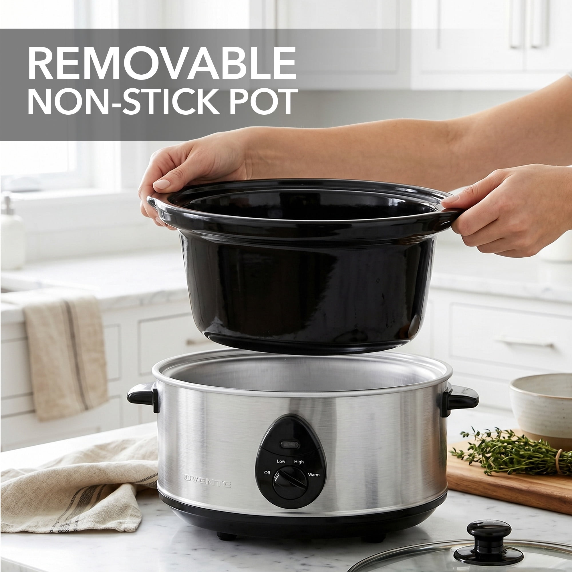 OVENTE Electric Slow Cooker with 3 Cooking Settings, Non-Stick and Dishwasher Safe Stoneware, Stainless Steel Body, Glass Lid 3.7 Qt Oval Pot for Entrees, Soups, Sauces, Stews & Dips, Silver SLO35ABR
