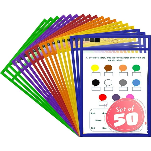 SCRIBBLEDO Dry Erase Pockets Reusable Dry Erase Sleeves with Marker Holder Colorful Dry Erase Pocket Sleeves for School Classroom or Work Ticket Holders Assorted Colors 50 Pack