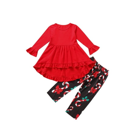 

Qtinghua Toddler Baby Girl Christmas Outfit Flare Long Sleeve Ruffle T-Shirt Dress Top Snowflake Pants 2Pcs Clothes Red Wand 1-2 Years