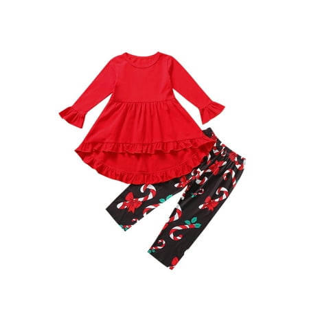 

Qtinghua Toddler Baby Girl Christmas Outfit Flare Long Sleeve Ruffle T-Shirt Dress Top Snowflake Pants 2Pcs Clothes Red Wand 1-2 Years