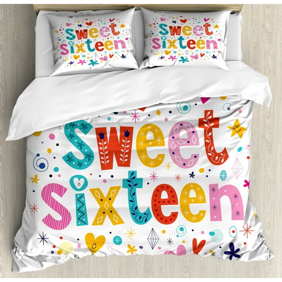 16th Birthday Duvet Cover Set King Size, Hand Drawn Style Cute and Sweet Sixteen Blossoms Petals Stars Heart Pattern, Decorative 3 Piece Bedding Set with 2 Pillow Shams, Multicolor, by Ambesonne