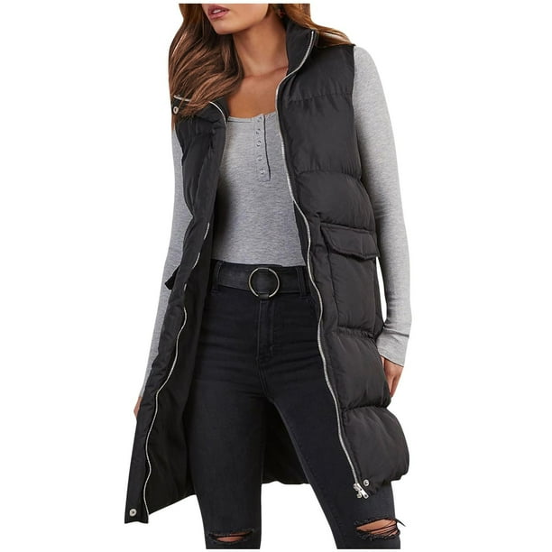 Chaqueta larga acolchada de largo medio con bolsillos y color liso cálido para mujer, parka de plumón sin mangas de invierno, blusa de poliéster para mujer
