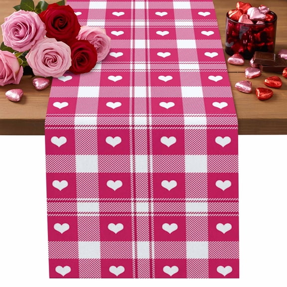Valentine's Day Table Runner 13 x 72 Inch, Heart Retro Pink Buffalo Plaid Washable Cotton Linen Dining Table Runner Tabletop Decorations for Restaurant Home Kitchen Party