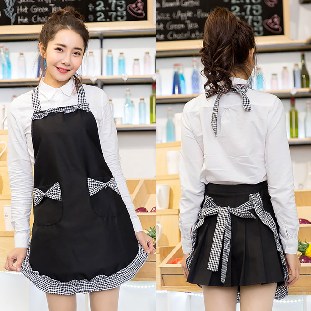 Womens Fancy Maid Bowknot Apron With Kitchen Pocket Dress Pink 