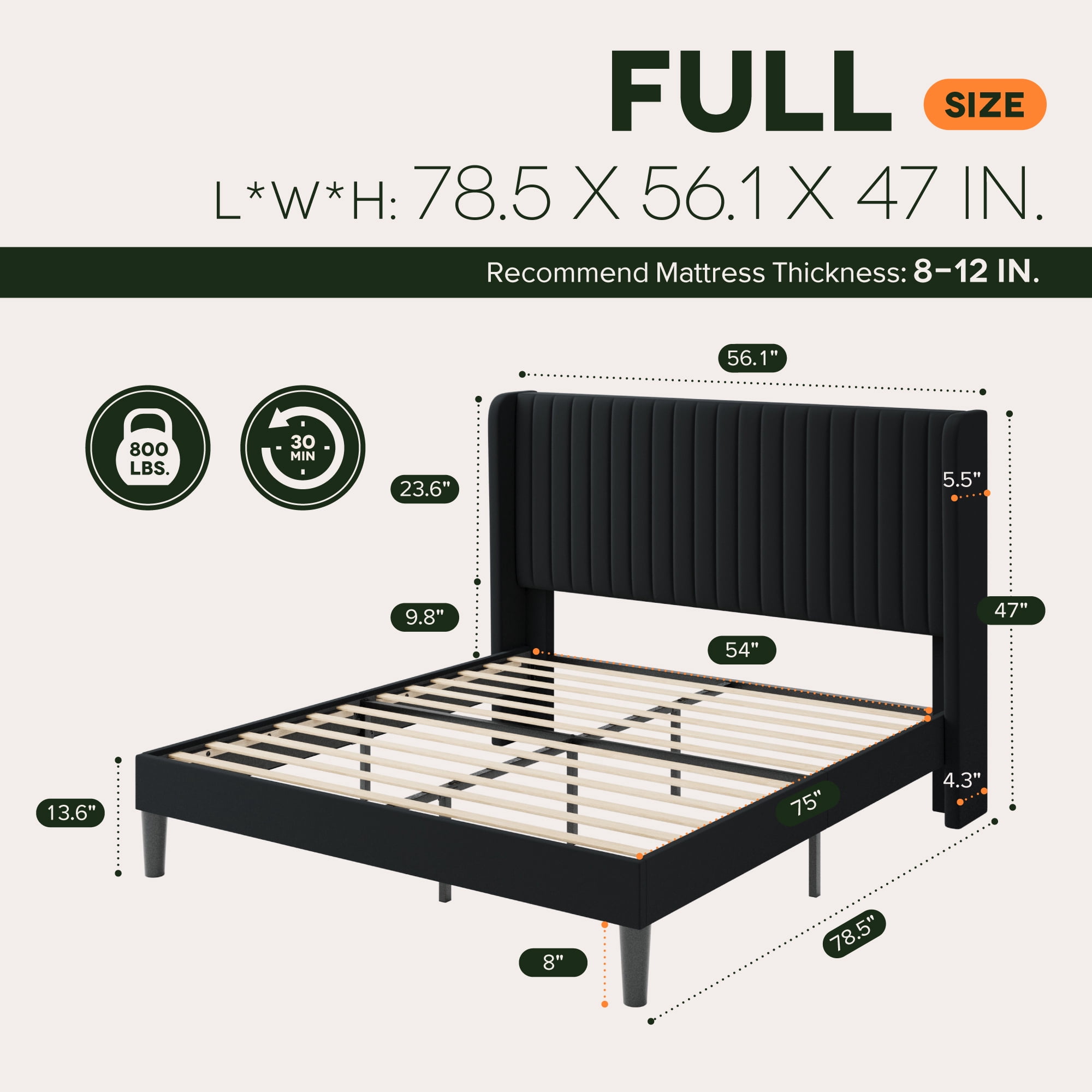 Einfach Full Bed Frame, Upholstered Platform Bed with Wingback Headboard, No Box Spring Required, Black
