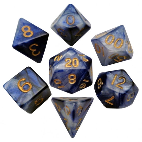 Metallic Dice Games LIC120 16 mm Combo Attack Dice, Set of 7 - Blue & White with Gold Numbers