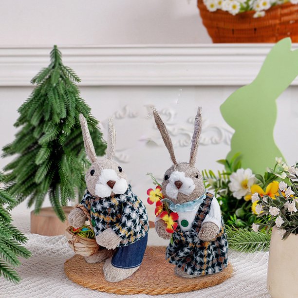 Xihbxyly Adorno de Conejo de Pascua, Figura de Paja Tejida a Mano, Estilo Rústico, Ideal para La Mesa Del Comedor o La Cocina, Decoración Festiva de Primavera, Tamaño 25 X 12 X 11 Cm, Material Ecológ