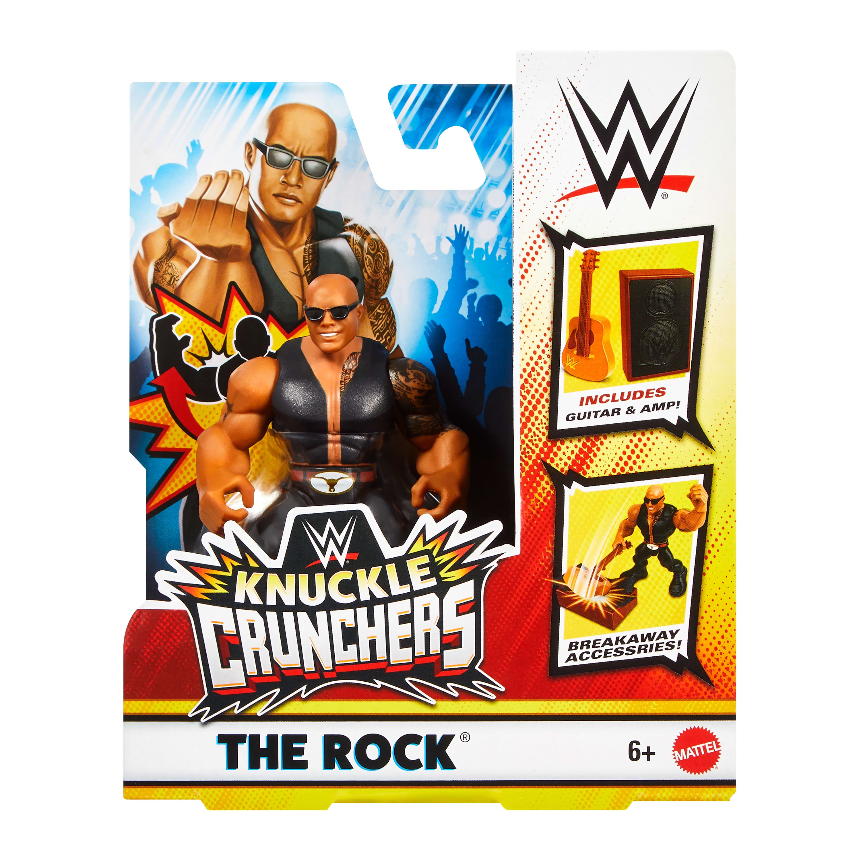 WWE Knuckle Crunchers The Rock Action Figure & Accessories, Bone-Crunching Movement, 3.25-inch