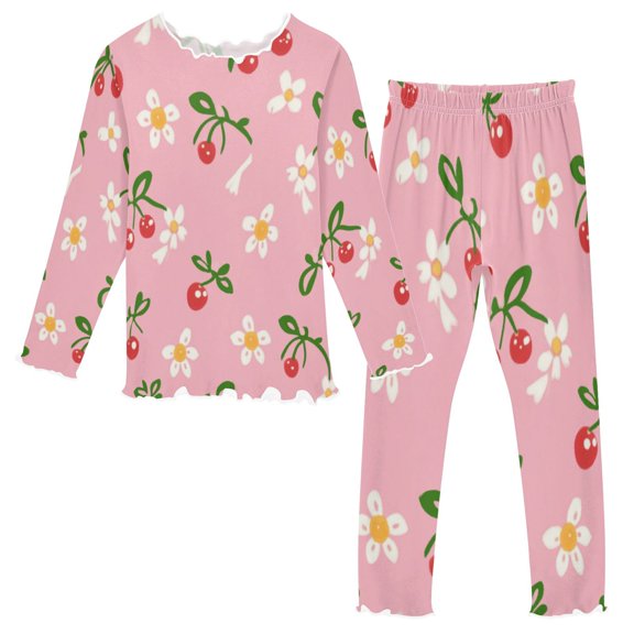 Girls Pajama Set with Long Sleeve Shirt and Pants Soft Thermal Sleepwear Daisies and Bow Pattern 2T