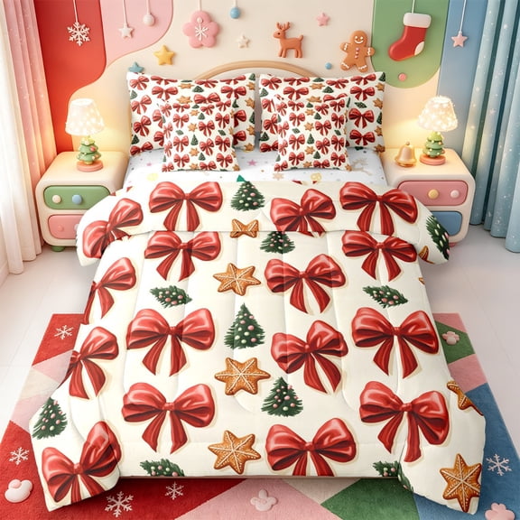 Manfei Winter Holiday 7-Piece Twin Bedding,Red-Green Christmas Snowflake Bedding Comforter Set,Xmas Reversible