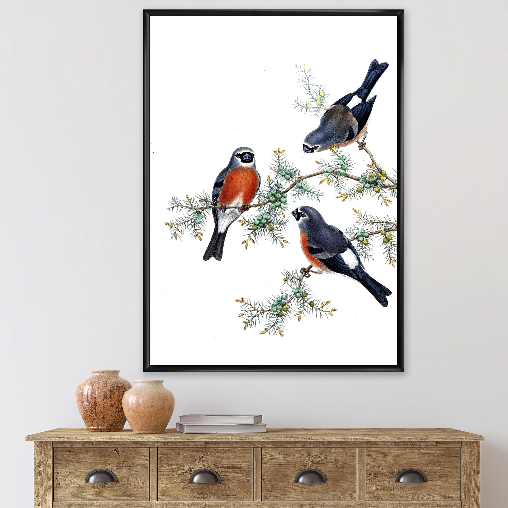 Designart 'Vintage Countryside Birds On Branch III' Farmhouse Framed Canvas Wall Art Print