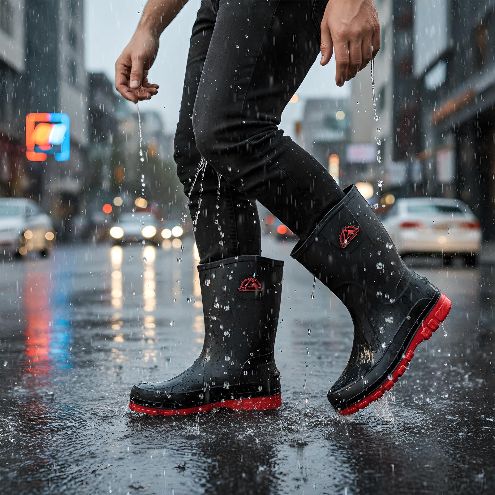 Liyufly Rain Boots for Men, Non-Slip Waterproof Rubber Boots Outdoor Garden Mid Calf Muck Work Shoes Rainboots for Fishing Climbing, Black & Red, Size 10.5