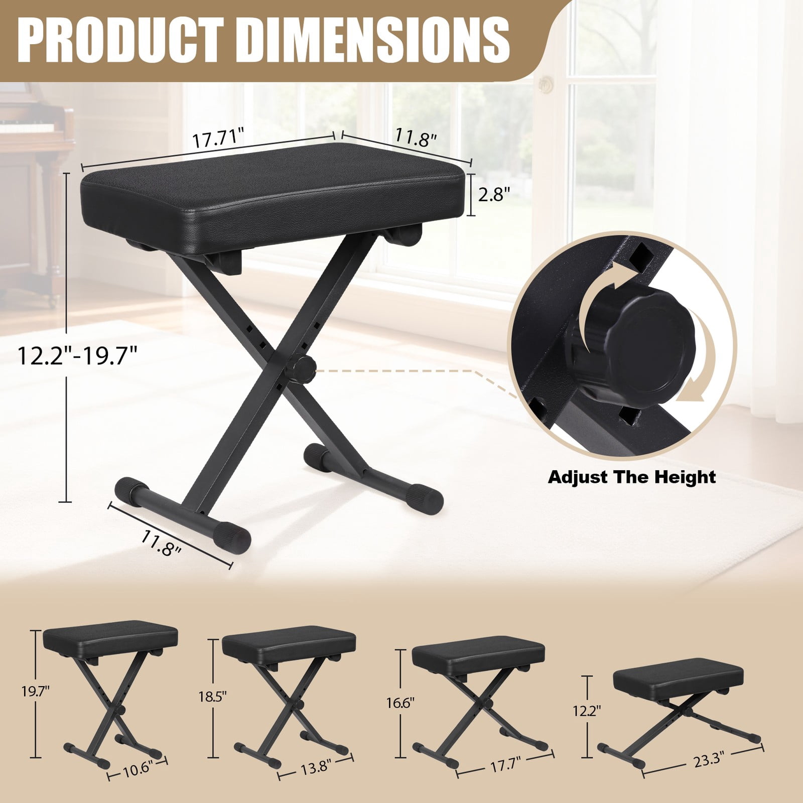 Adjustable Piano Bench, Waterproof Synthetic Leather Padded Stool, X-Style Piano Stool with Thicken Soft Cushion, Keyboard Bench for Keyboards Piano Guitar,Black