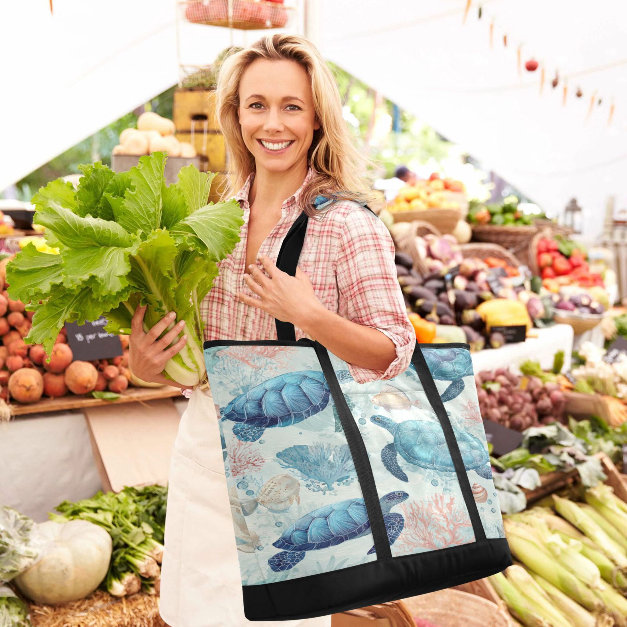 Extra-Large Wide Opening Design Capacity Hand-Held Ice Pack Thickened Insulation Layer For Long-Lasting Cold Retention For Outdoor Shopping Picnics And Camping Deep Green Sea Turtles