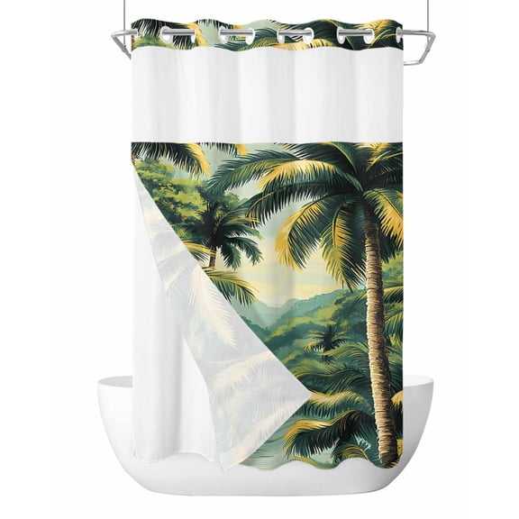 No Hook Cloth Fabric Shower Curtain with Snap in Liner, Summer Palm Tree Waterproof Shower Curtains Set with See Through Top Window, Tropical Plant Leaves Nature Landscape Bath Curtains 36"x78"