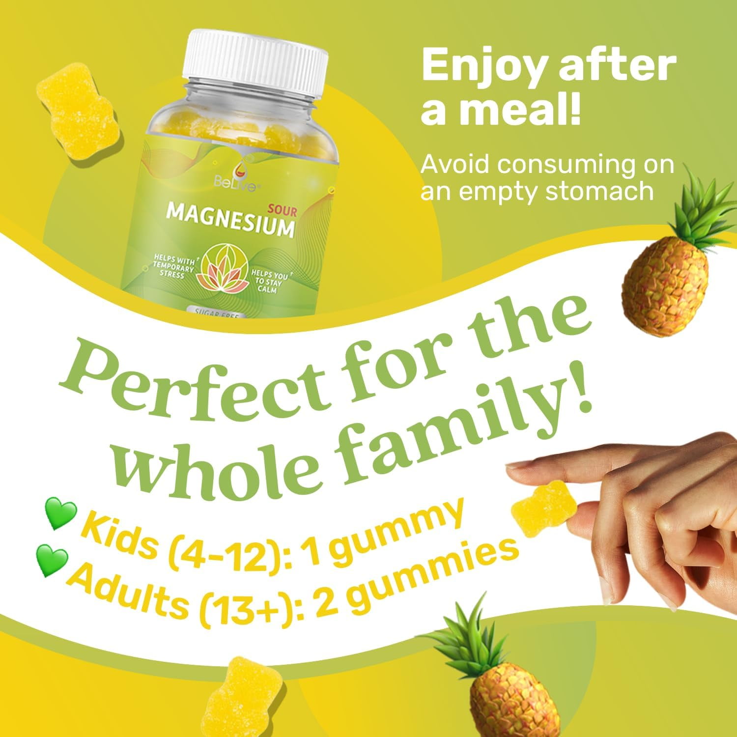 BeLive Magnesium Gummies 200mg - 60 Ct | Magnesium Glycinate Supplements for Relaxation, Stress Relief, and Sleep for Adults & Kids - Tasty and Tangy Pineapple Flavor