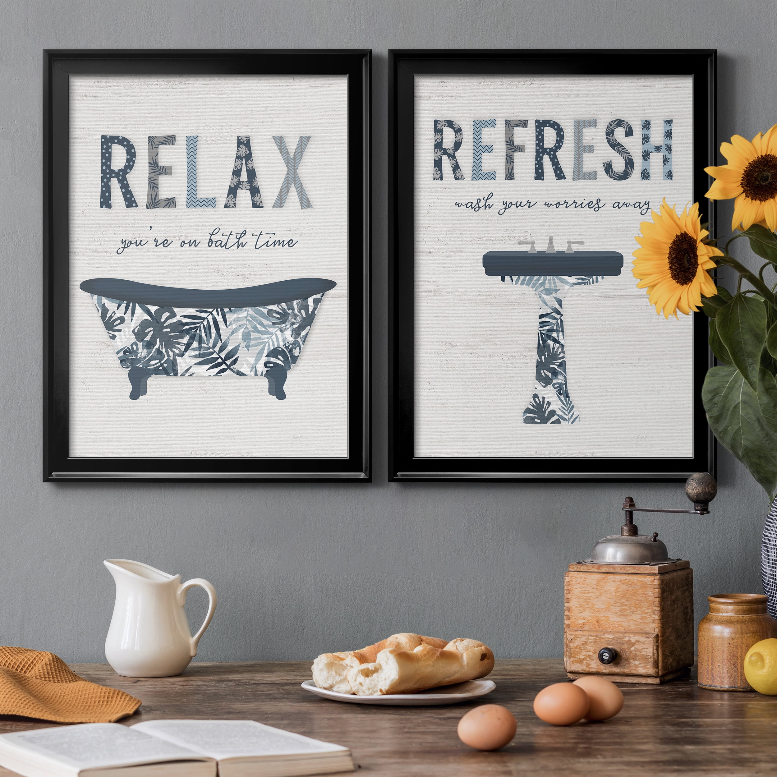 2 Piece Set Palm Bath I Premium Framed Canvas - Ready to Hang - 18.5 x 24.5 Each - Black Frame