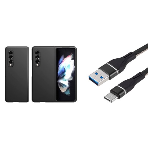 Bemz Galaxy Z Fold 3 5G Premium Bundle: Slim Rubberized Matte Snap On Case (Black), Nylon Braided USB-C to USB-A Cable (3 Feet)
