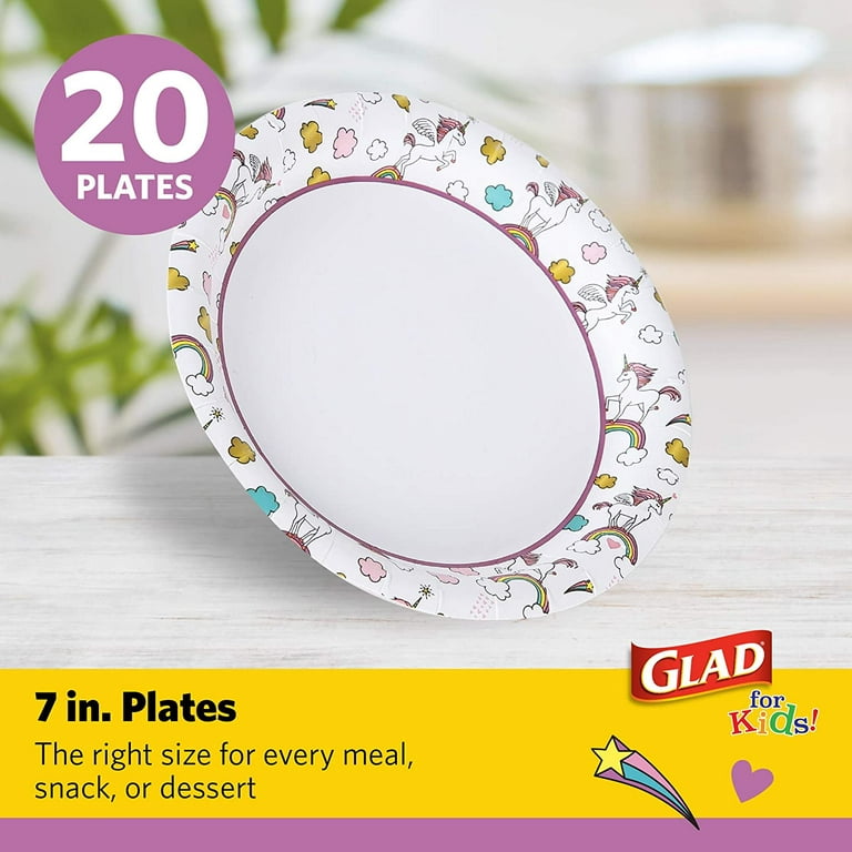 Glad for Kids Paper Plates, Small Round Paper Plates with Cute Designs for  Kids Heavy Duty Disposable Soak Proof Microwavable Paper Plates for All  Occasions, Unicorns, 7 Inch, 20 Count 